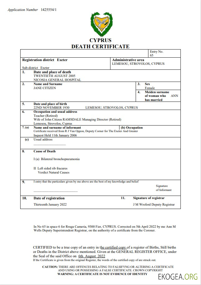Certificat de décès de l'état civil de Chypre Modèle Word et PDF
